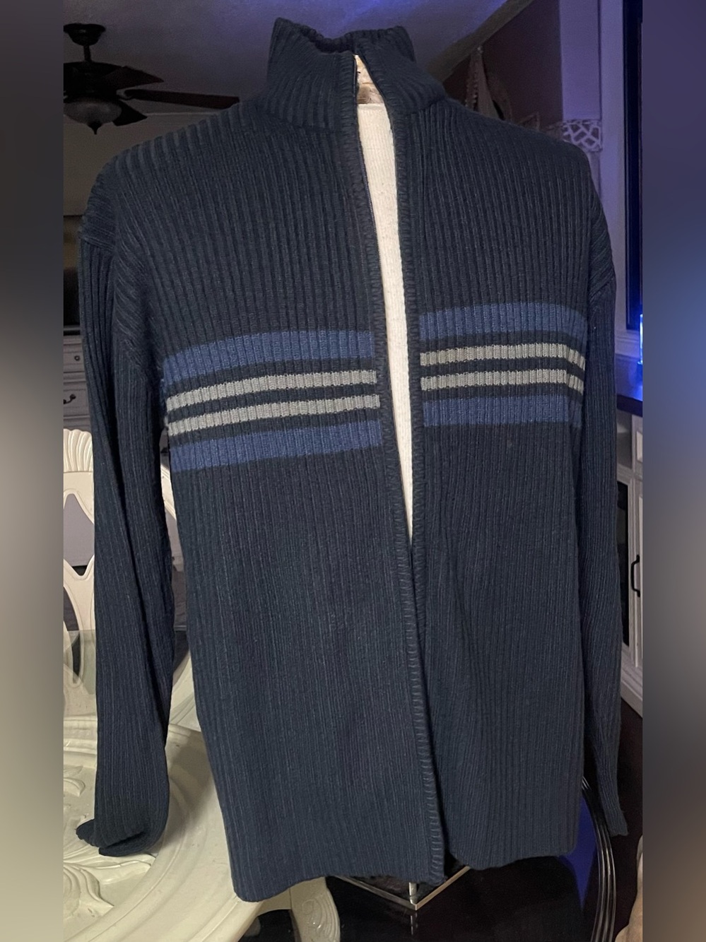 Men's Navy Zip-Up Ribbed Sweater with Blue & Gray Stripes